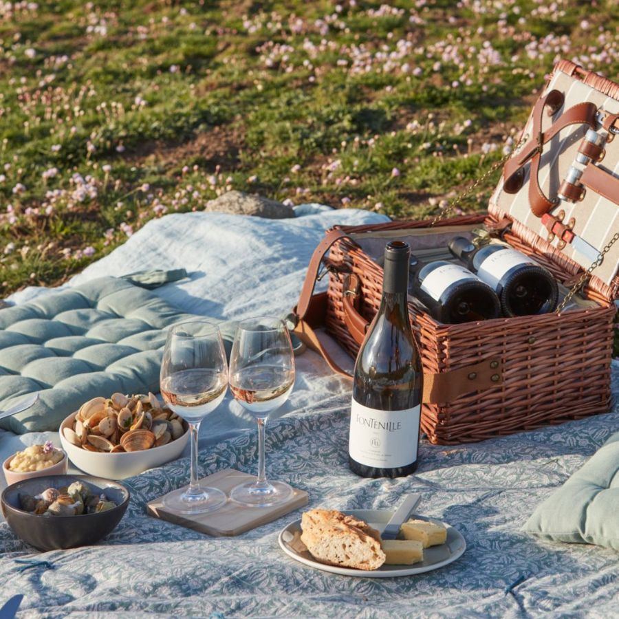 Picknick des Küchenchefs in den Hortensien am See